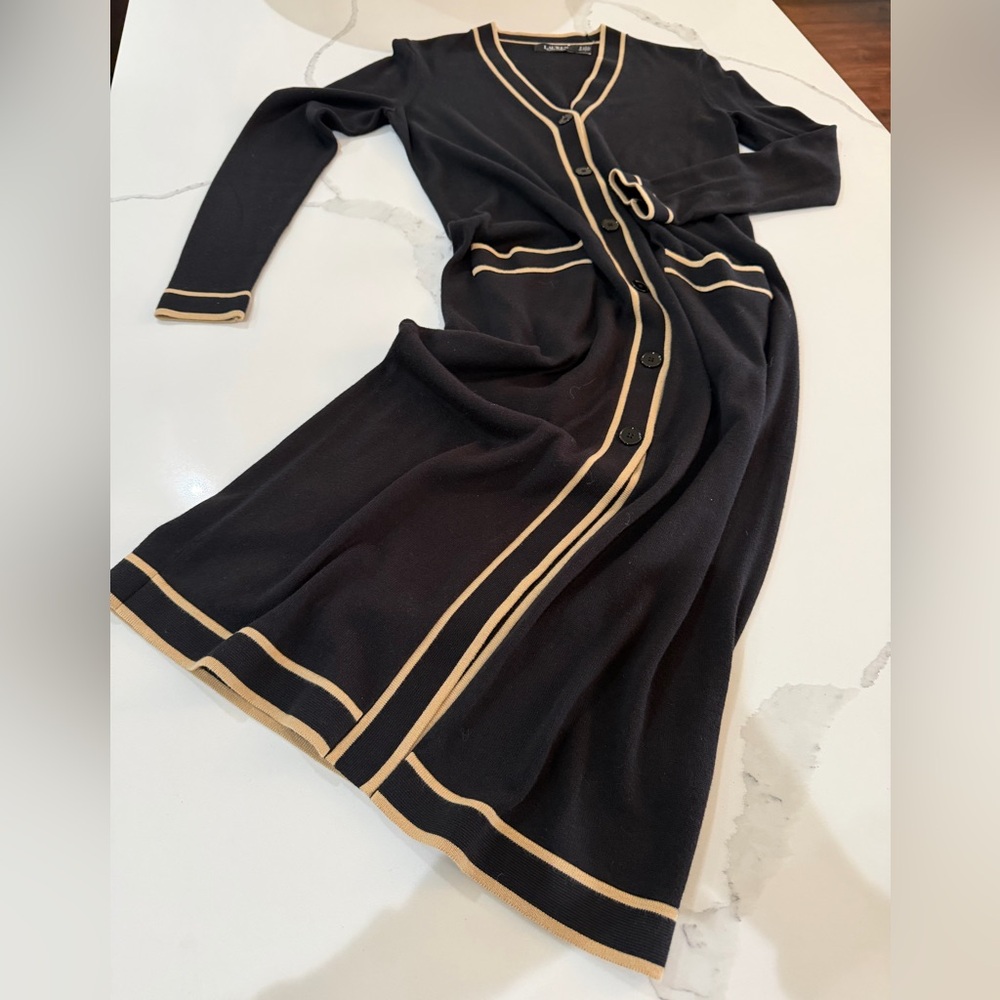 Ralph Lauren Black Knit Button-Front Midi Dress/Cardigan with Beige Trim
